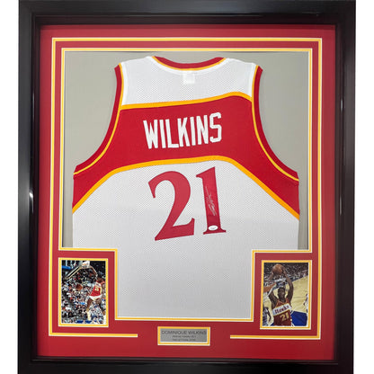Framed Autographed/Signed Dominique Wilkins 35x39 Atlanta White Basketball Jersey PSA/DNA COA