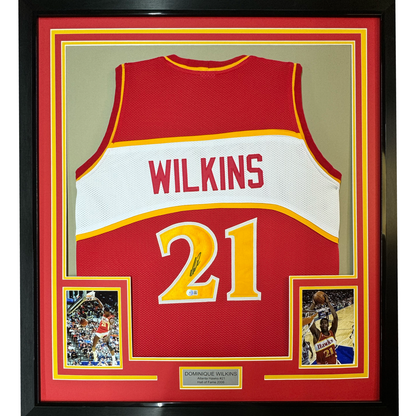 Framed Autographed/Signed Dominique Wilkins 35x39 Atlanta Red Basketball Jersey PSA/DNA COA