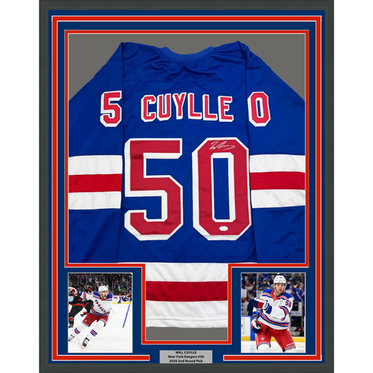 Framed Autographed/Signed Will Cuylle 35x39 New York Blue Hockey Jersey JSA COA