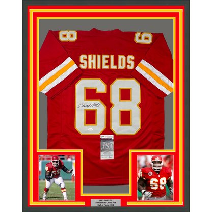Framed Autographed/Signed Will Shields 35x39 Kansas City Red Football Jersey JSA COA