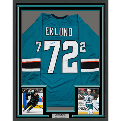Framed Autographed/Signed William Eklund 35x39 San Jose Teal Hockey Jersey Beckett BAS COA