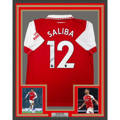 Framed Autographed/Signed William Saliba 35x39 Arsenal Red Soccer Jersey Beckett BAS COA