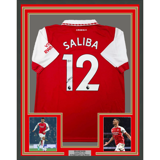 Framed Autographed/Signed William Saliba 35x39 Arsenal Red Soccer Jersey Beckett BAS COA