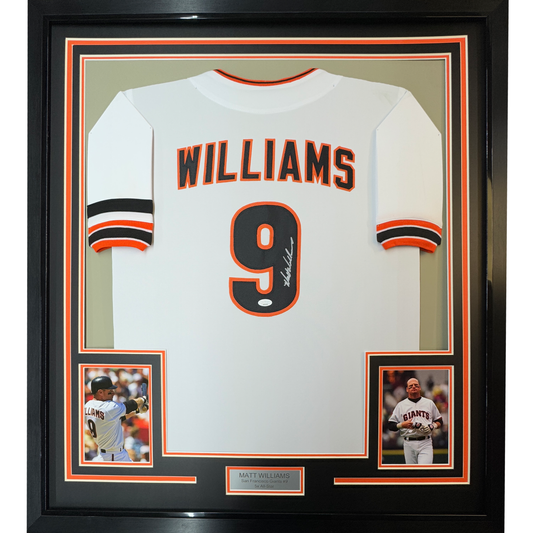Framed Autographed/Signed Matt Williams 35x39 San Francisco White Baseball Jersey JSA COA