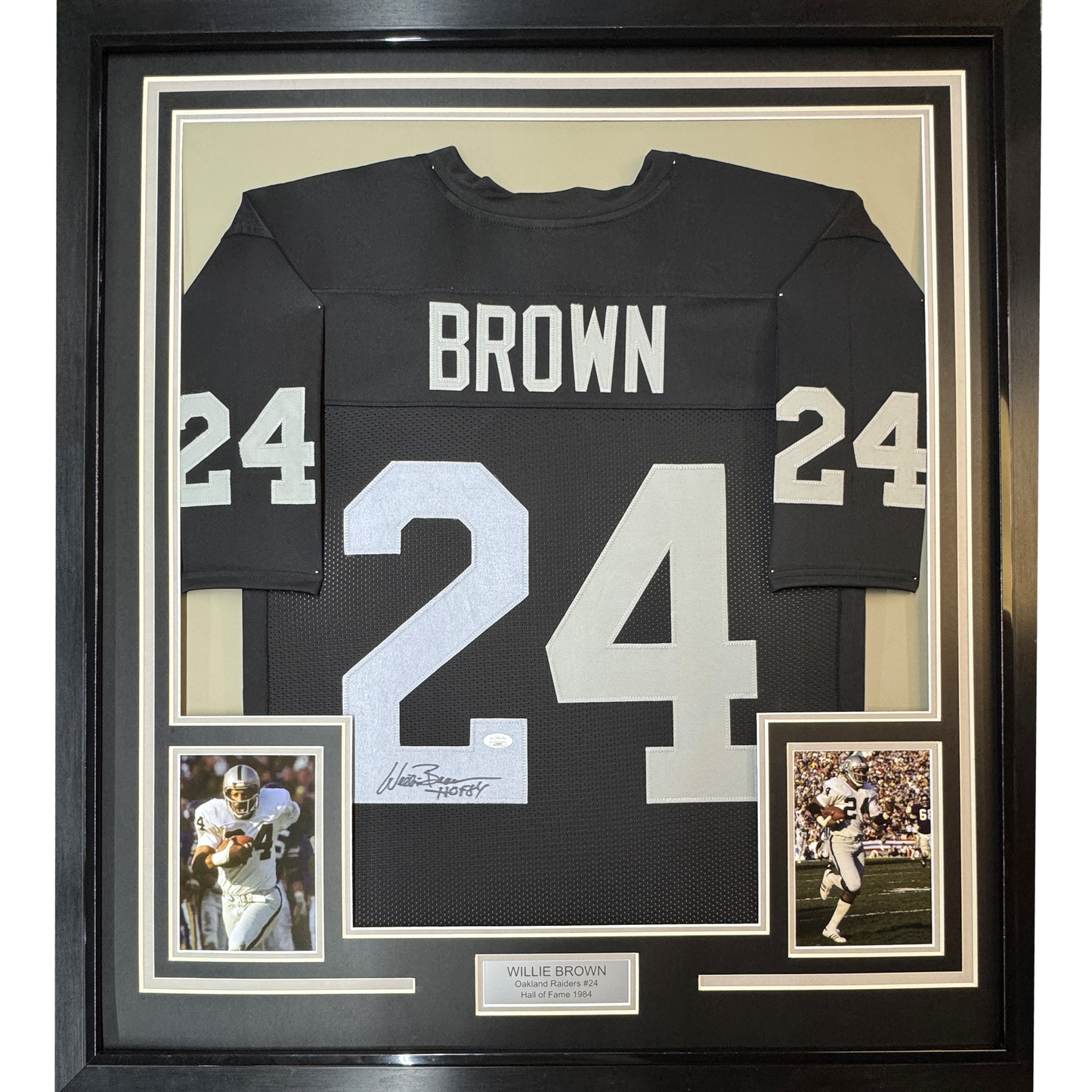 Framed Autographed/Signed Willie Brown 35x39 HOF 84  Las Vegas Oakland Black Football Jersey JSA COA