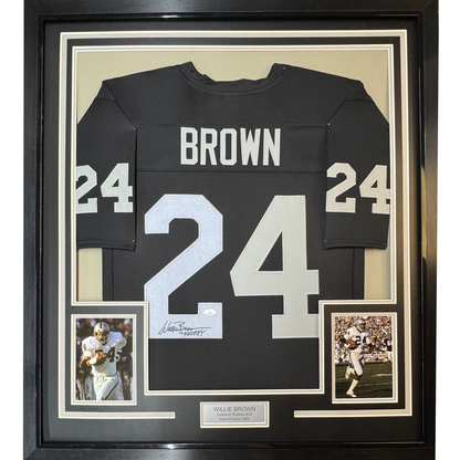 Framed Autographed/Signed Willie Brown 35x39 HOF 84  Las Vegas Oakland Black Football Jersey JSA COA
