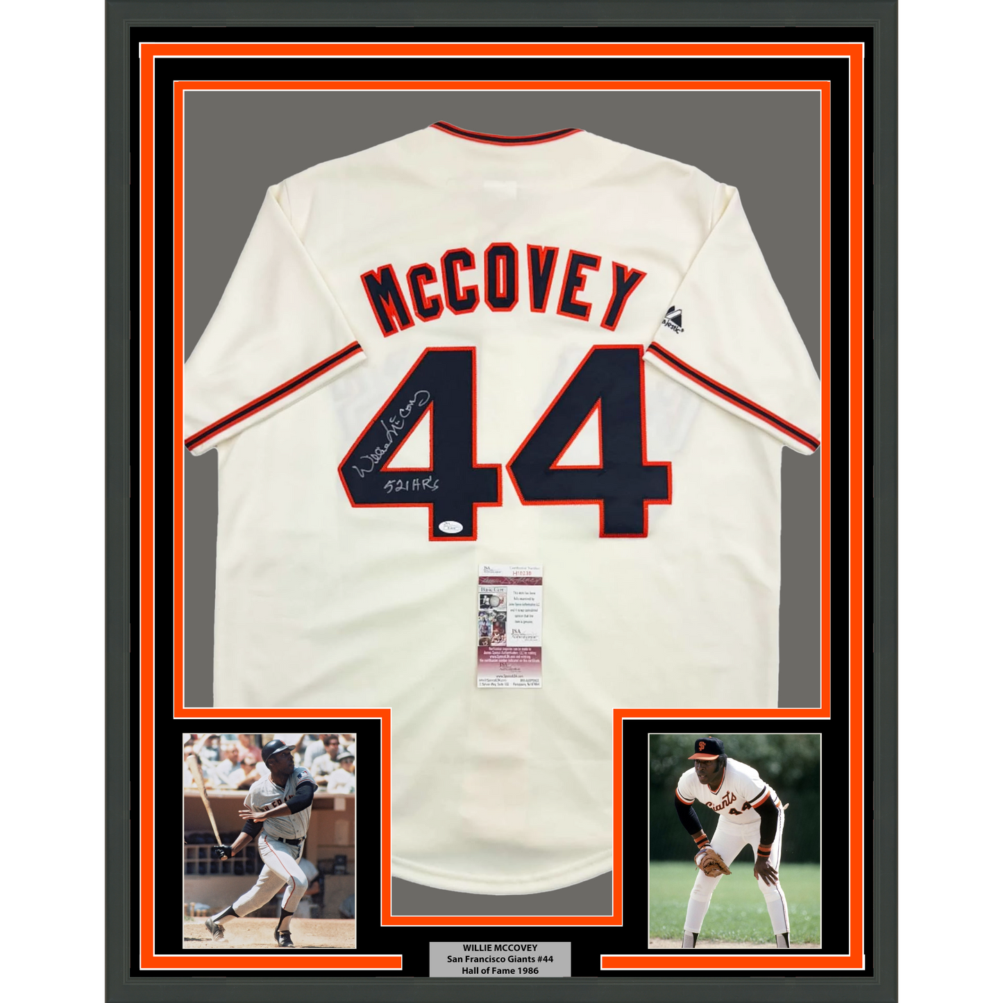 Framed Autographed/Signed Willie McCovey 35x39 "521 HR's" San Francisco Cream Baseball Jersey JSA COA