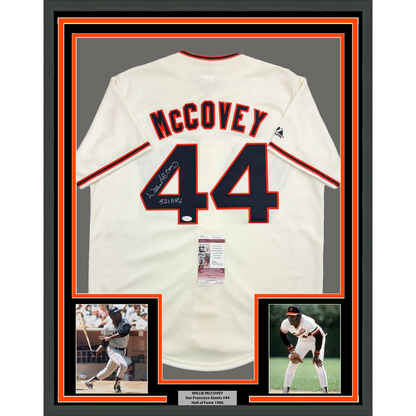 Framed Autographed/Signed Willie McCovey 35x39 "521 HR's" San Francisco Cream Baseball Jersey JSA COA