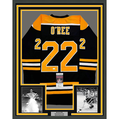 Framed Autographed/Signed Willie O'Ree "HOF 2018" 35x39 Boston Black Hockey Jersey JSA COA