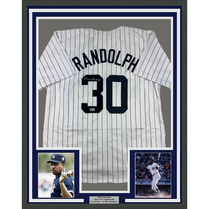 Framed Autographed/Signed Willie Randolph 35x39 New York Pinstripe Baseball Jersey Beckett BAS COA