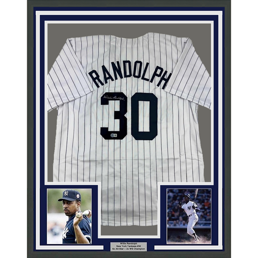 Framed Autographed/Signed Willie Randolph 35x39 New York Pinstripe Baseball Jersey Beckett BAS COA