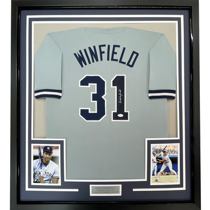 Framed Autographed/Signed Dave Winfield 35x39 New York Grey Baseball Jersey JSA COA