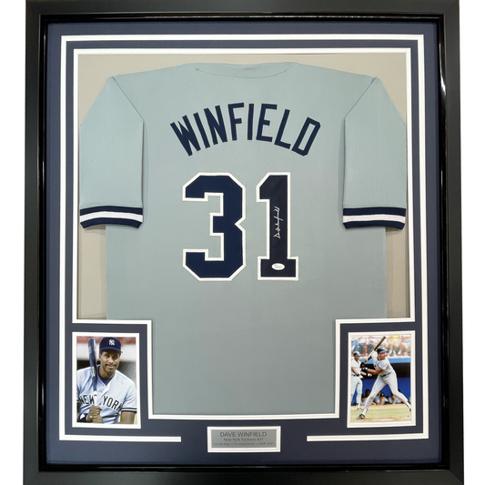 Framed Autographed/Signed Dave Winfield 35x39 New York Grey Baseball Jersey JSA COA