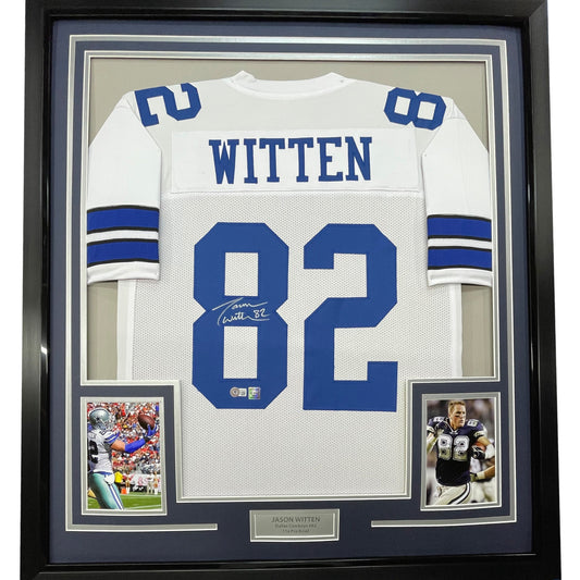Framed Autographed/Signed Jason Witten 35x39 Dallas White Football Jersey JSA COA
