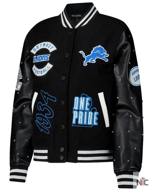 Women’s The Wild Collective Black Detroit Lions Sparkle Full-Snap Varsity Jacket