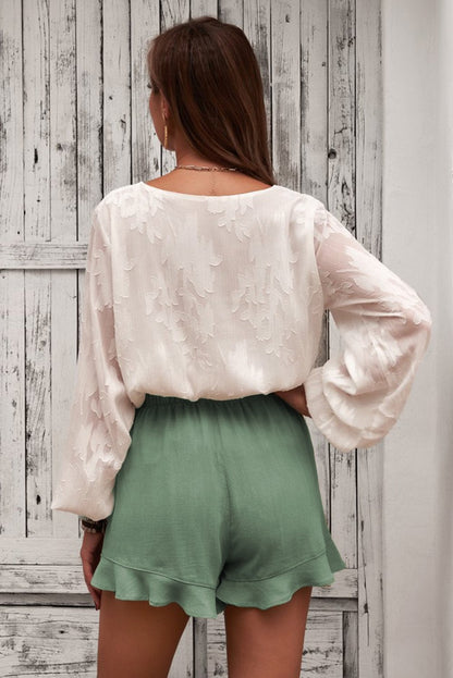 Women's Linen Cotton Shorts - Green Ruffled Summer Shorts