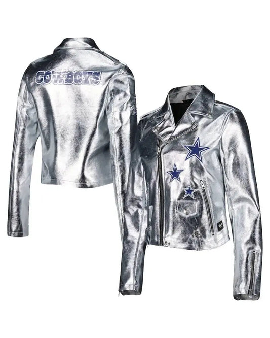 Women’s Dallas Cowboys The Wild Collective Silver Studded Full-Zip Leather Jacket