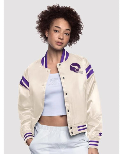 Women’s Minnesota Vikings Full-Snap Cream Satin Jacket