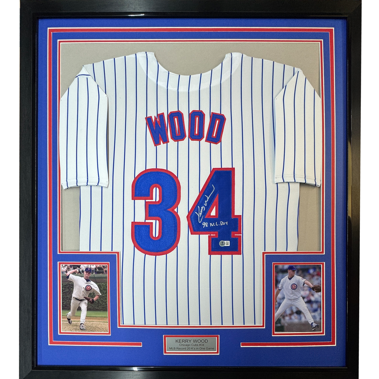 Framed Autographed/Signed Kerry Wood 98 ROY 35x39 Chicago Pinstripe Baseball Jersey Beckett BAS COA