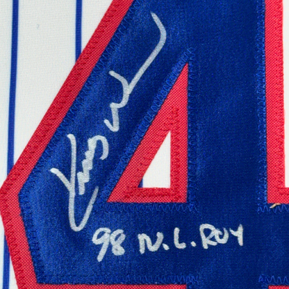 Framed Autographed/Signed Kerry Wood 98 ROY 35x39 Chicago Pinstripe Baseball Jersey Beckett BAS COA