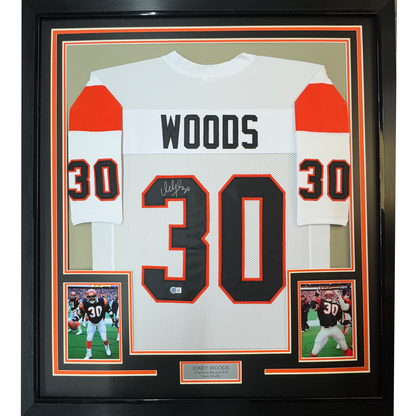 Framed Autographed/Signed Ickey Woods Who Dey 35x39 Cincinnati White Football Jersey JSA COA