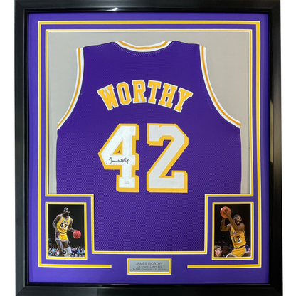 Framed Autographed/Signed James Worthy 35x39 Los Angeles LA Purple Basketball Jersey JSA COA