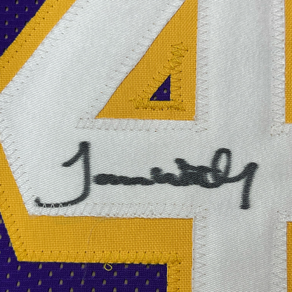 Framed Autographed/Signed James Worthy 35x39 Los Angeles LA Purple Basketball Jersey JSA COA
