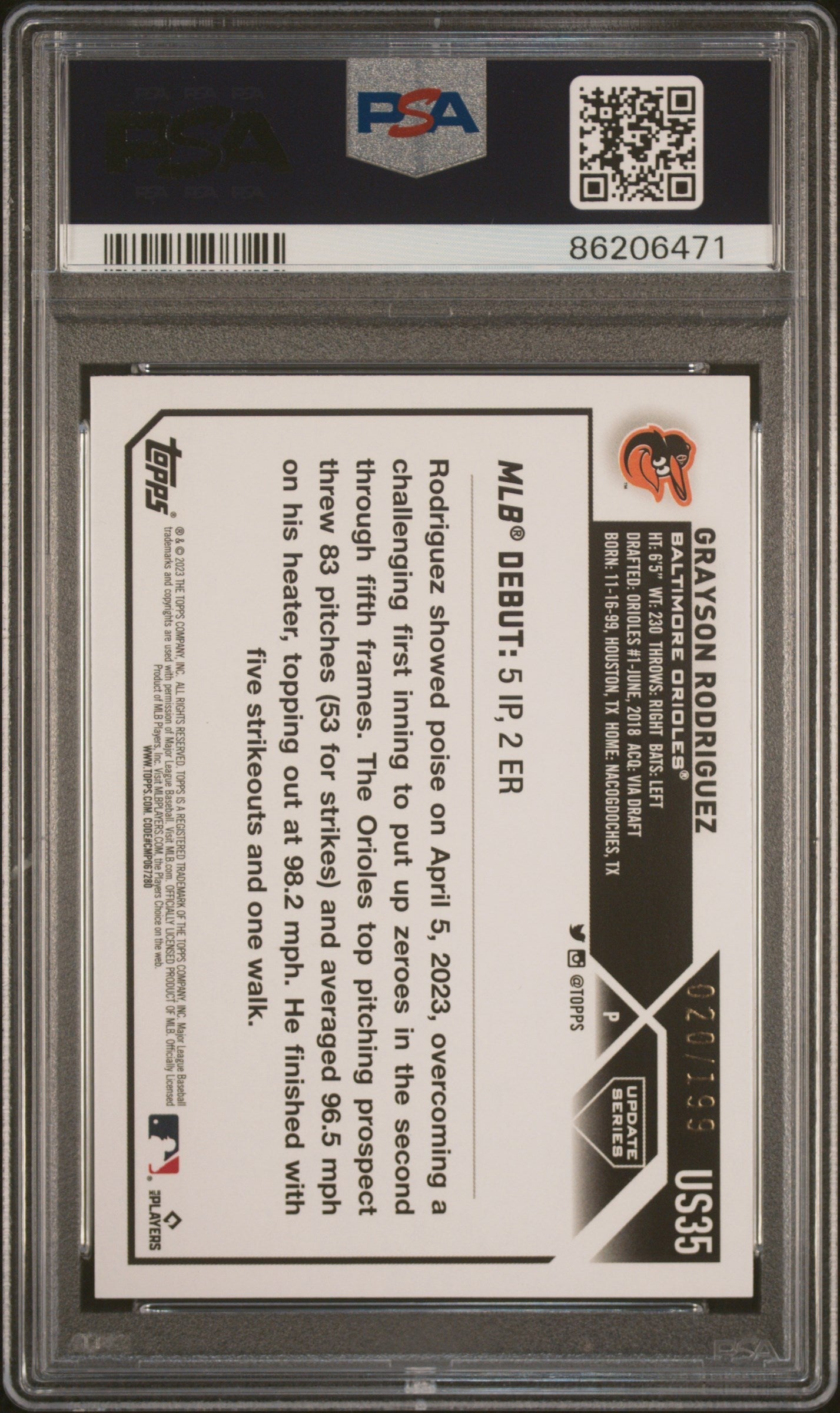 Graded 2023 Topps Update Grayson Rodriguez #US35 Red Foil #/199 Rookie RC Baseball Card PSA 10 Gem Mint