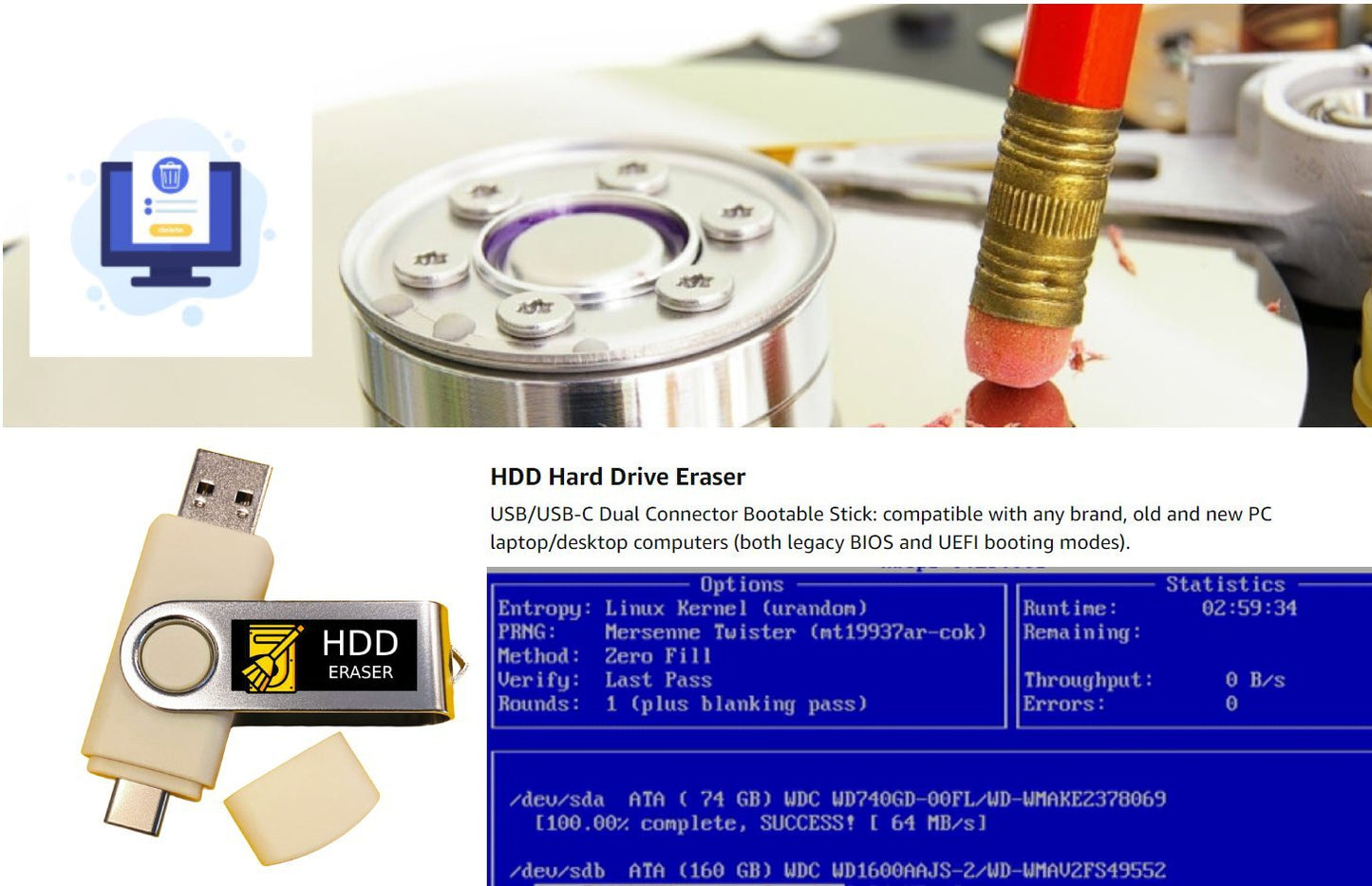 Hard Drive Eraser Bootable USB – Secure Disk Wipe Utility (DoD Standard)