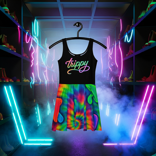 Trippy Tie-Dye Skater Dress – Neon Mushroom Festival Vibes