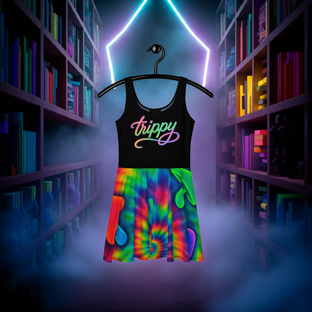 Trippy Tie-Dye Skater Dress – Neon Mushroom Festival Vibes