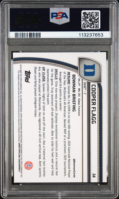 Graded 2024 Topps Bowman Chrome U Cooper Flagg #16 Rookie RC Basketball Card PSA 10 Gem Mint