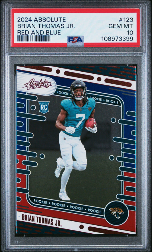 Graded 2024 Panini Absolute Brian Thomas Jr #123 Red/Blue Rookie RC Football Card PSA 10 Gem Mint