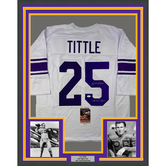 Framed Autographed/Signed YA Y.A. Tittle 35x39 Inscribed Geaux Tigers LSU White College Football Jersey JSA COA