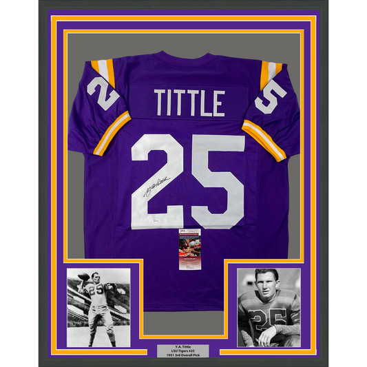 Framed Autographed/Signed YA Y.A. Tittle 35x39 LSU Purple College Football Jersey JSA COA