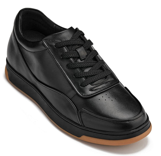 CALTO - Y7888 - 2.6 Inches Taller (Noir/Black & Gum Sole) - Elevated Leather Sneakers