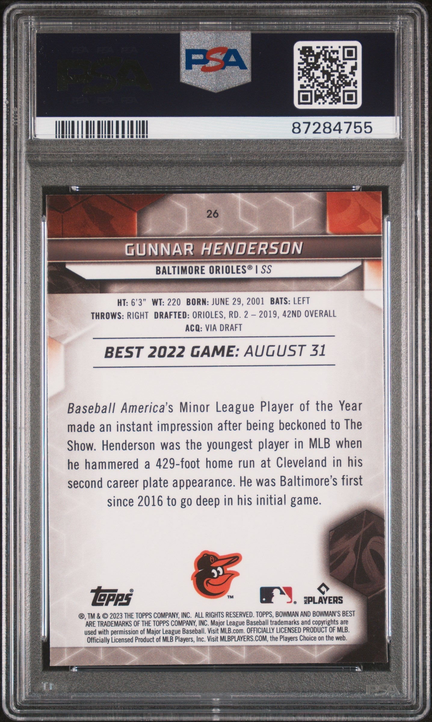 Graded 2023 Topps Bowmans Best Gunnar Henderson #26 Rookie RC Baseball Card PSA 10 Gem Mint
