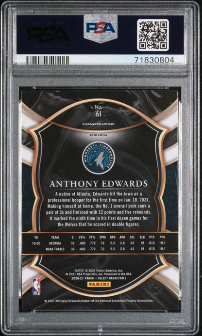 Graded 2020-21 Panini Select Anthony Edwards #61 Blue White Purple Cracked Ice Rookie RC Basketball Card PSA 10 Gem Mint