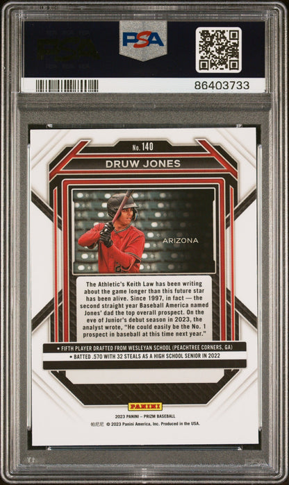 Graded 2023 Panini Prizm Druw Jones #140 Rookie RC Baseball Card PSA 10 Gem Mint