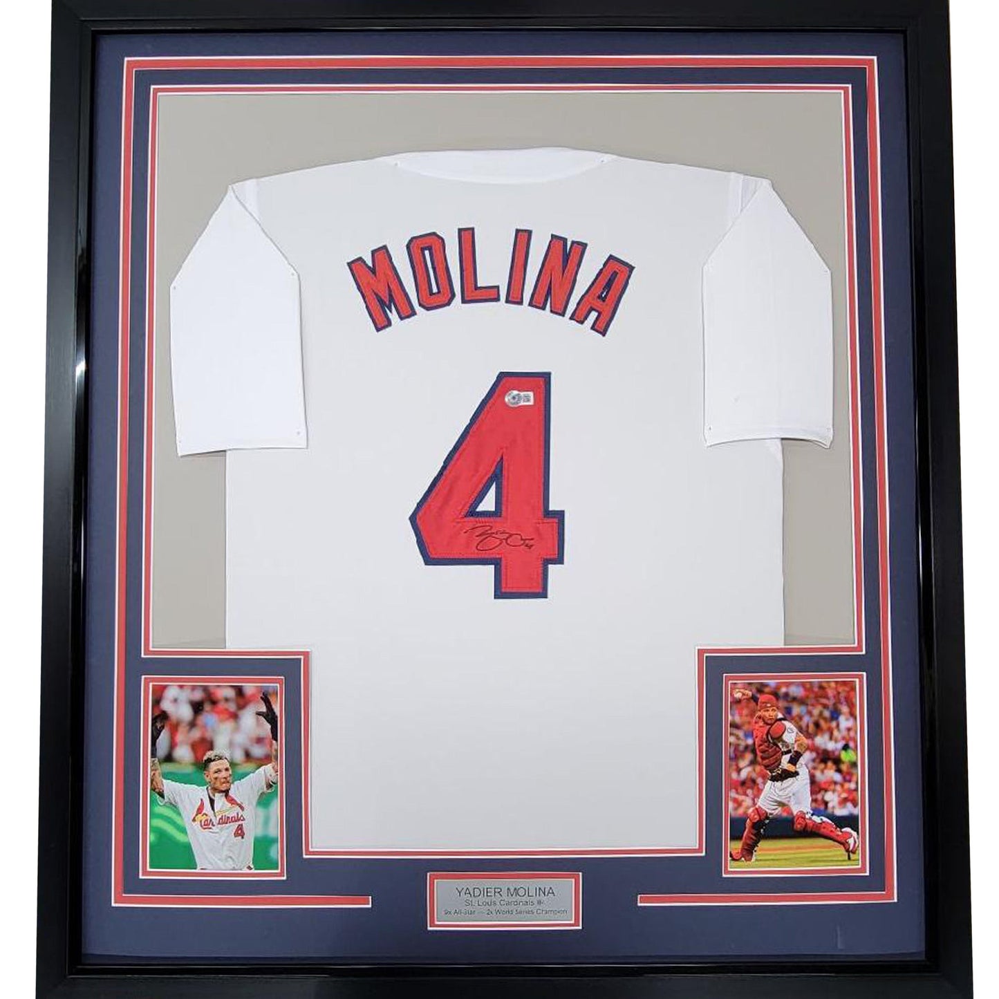 Framed Autographed/Signed Yadier Molina 35x39 St. Louis White Baseball Jersey Beckett BAS COA