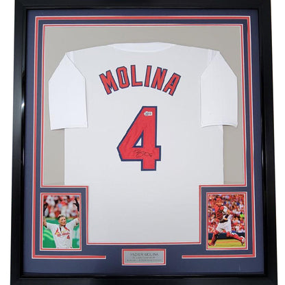 Framed Autographed/Signed Yadier Molina 35x39 St. Louis White Baseball Jersey Beckett BAS COA