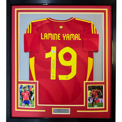 Framed Autographed/Signed Lamine Yamal 35x39 Spain Red World Cup Soccer Jersey Beckett BAS COA
