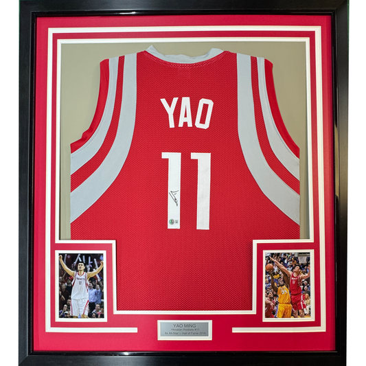 Framed Autographed/Signed Yao Ming 35x39 Houston Red Basketball Jersey Beckett BAS COA
