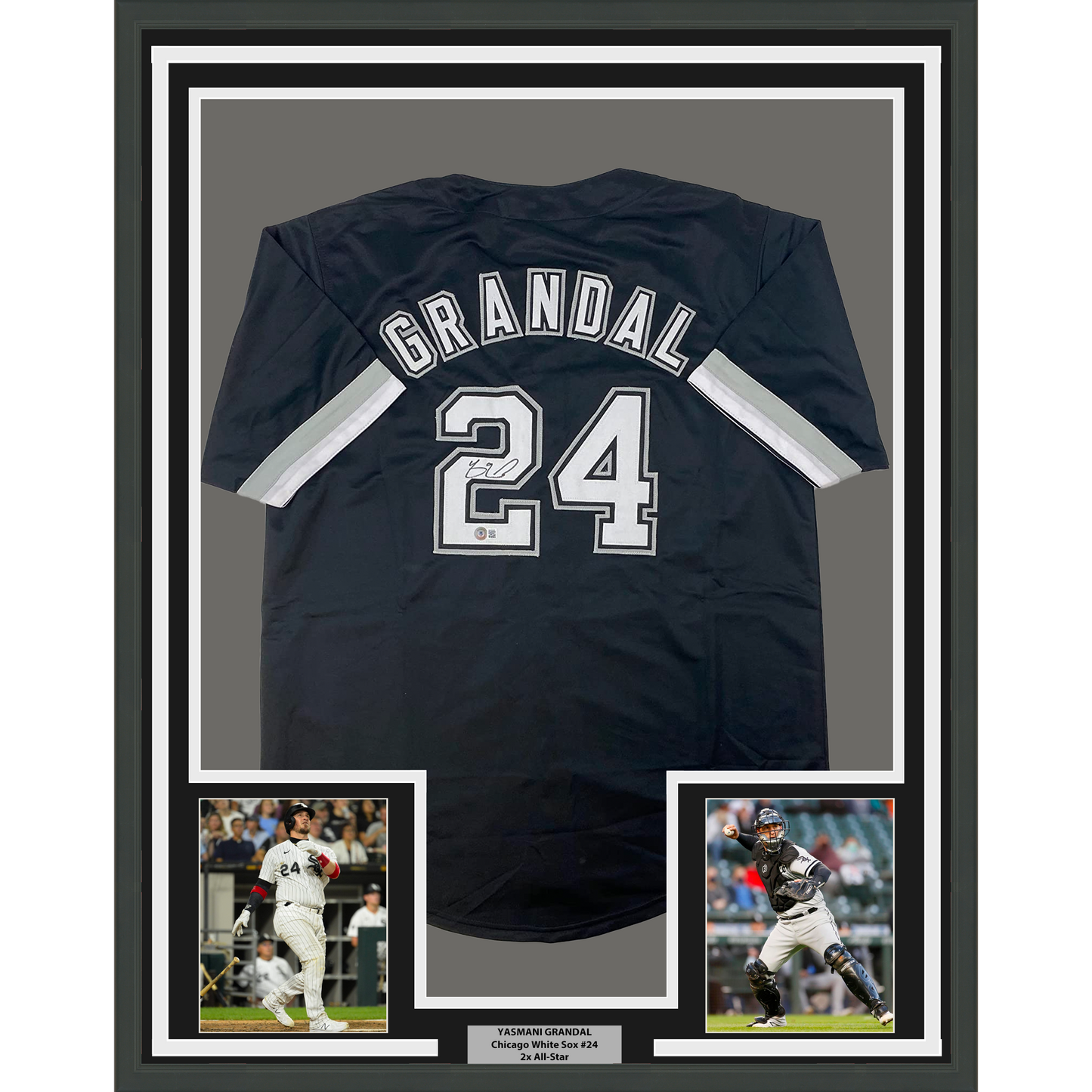 Framed Autographed/Signed Yasmani Grandal 35x39 Chicago Black Baseball Jersey Beckett BAS COA