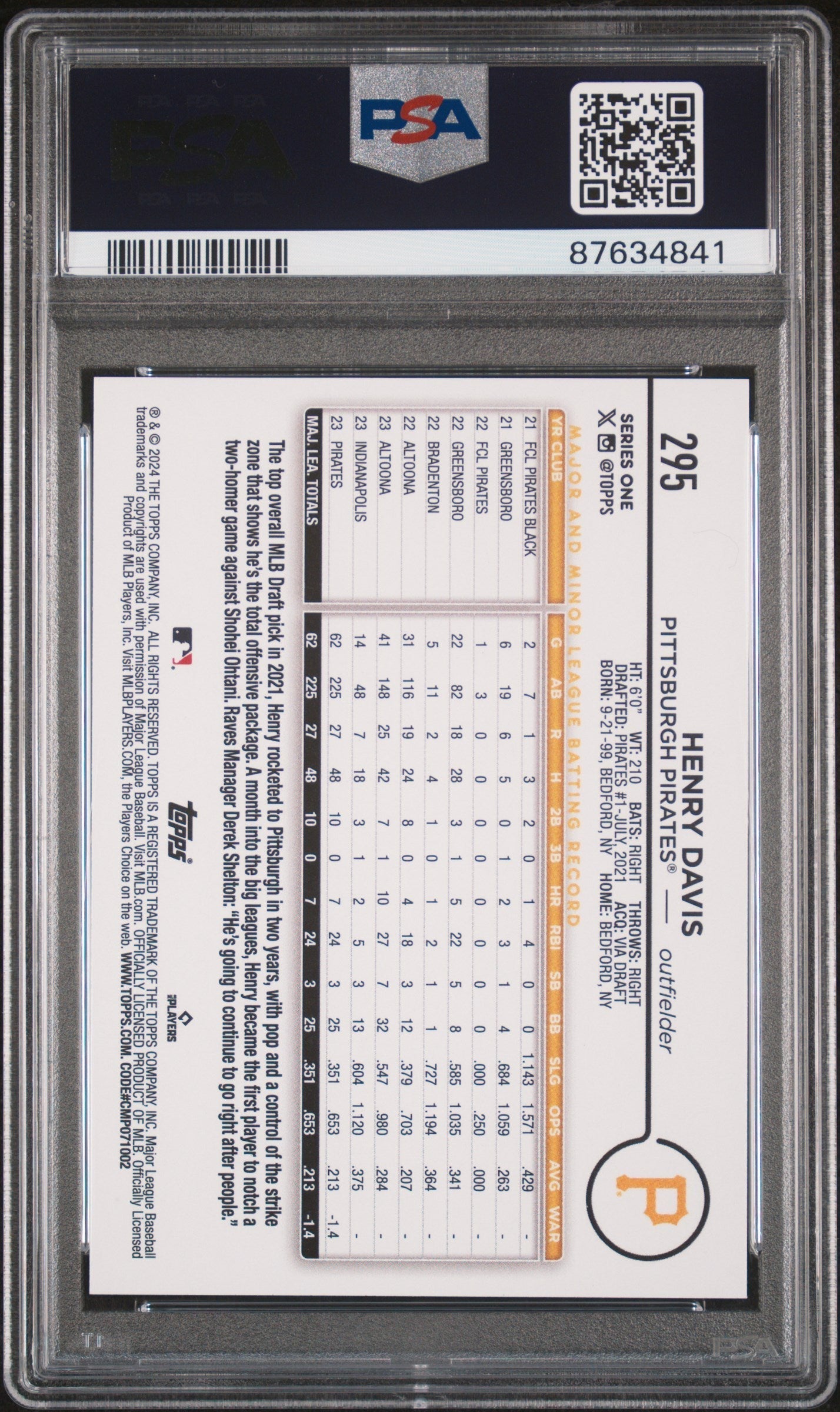 Graded 2024 Henry Davis #295 Rookie RC Baseball Card PSA 10 Gem Mint