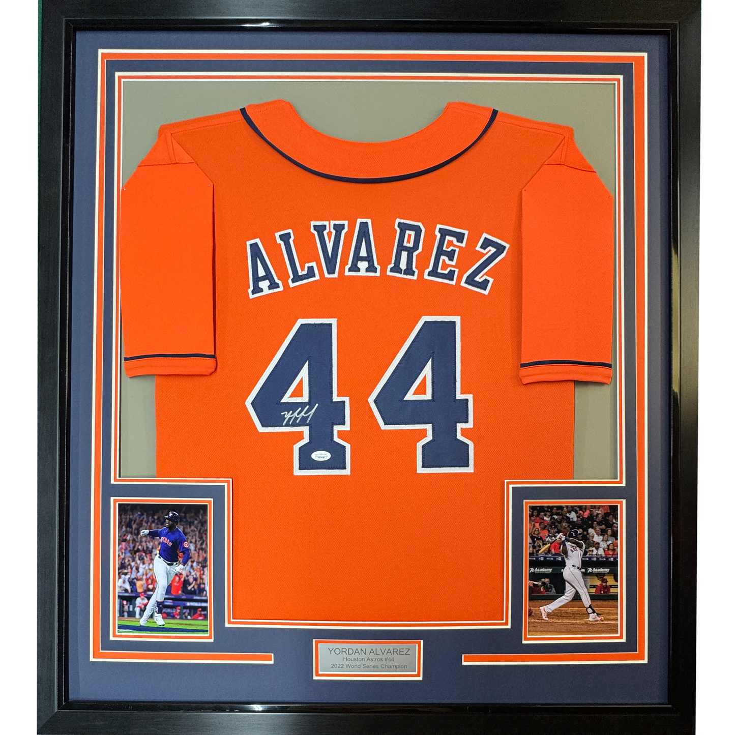 Framed Autographed/Signed Yordan Alvarez 35x39 Houston Orange Baseball Jersey JSA COA