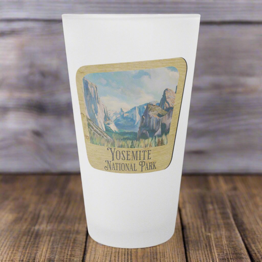 Yosemite National Park Frosted Pint Glass Scenic Valley Wood Sign