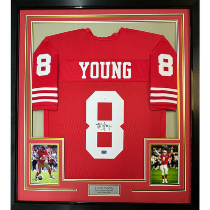 Framed Autographed/Signed Steve Young 35x39 San Francisco Red Football Jersey JSA COA
