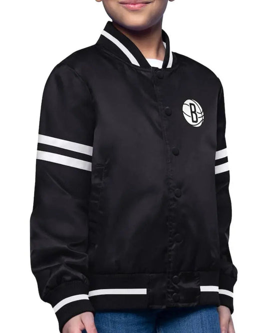 Youth Brooklyn Nets Starter Black Printed Logo Varsity Satin Full-Snap Jacket