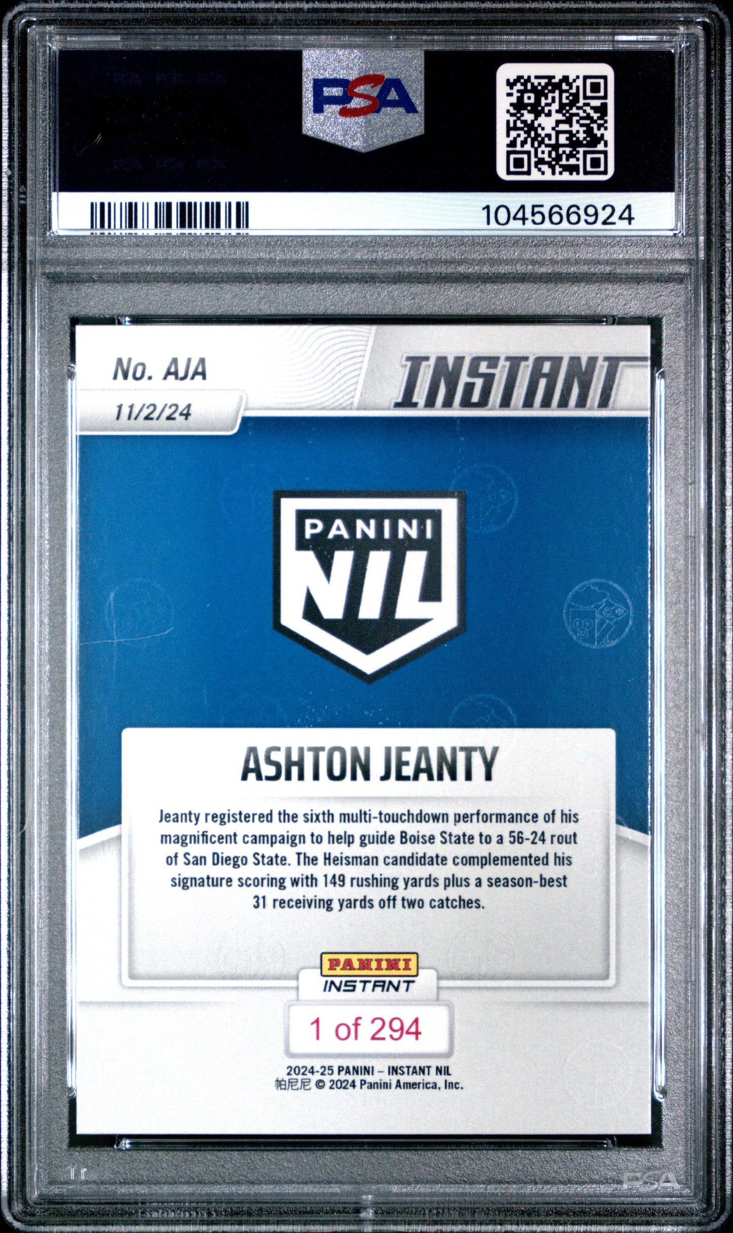 Graded 2024 Panini Instant NIL Ashton Jeanty #AJA Rookie RC Football Card PSA 10 Gem Mint